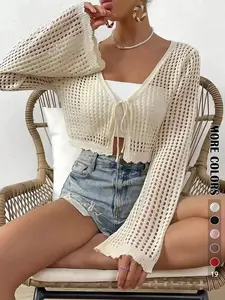 Women's Plain Hollow Out Tie Front Crop Cardigan, Casual Flounce Sleeve V Neck Cover-Up Knitwear for Spring, Summer & Fall, Women's Knit Clothing for Daily Wear