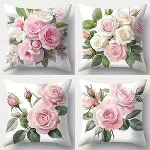 4-Piece Floral Pattern Single-Sided Print Pillow Covers, 45x45cm, Hidden Zipper, Indoor & Outdoor Decor, Living Room, Bedroom, Sofa, Car