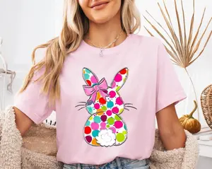 Colorful Bunny Easter T-shirt, Coquette Bow Easter Shirt, Gift For Christian, Cute Graphic Tee, Easter Day Shirt, Gift For Her, Full Size, Full Color