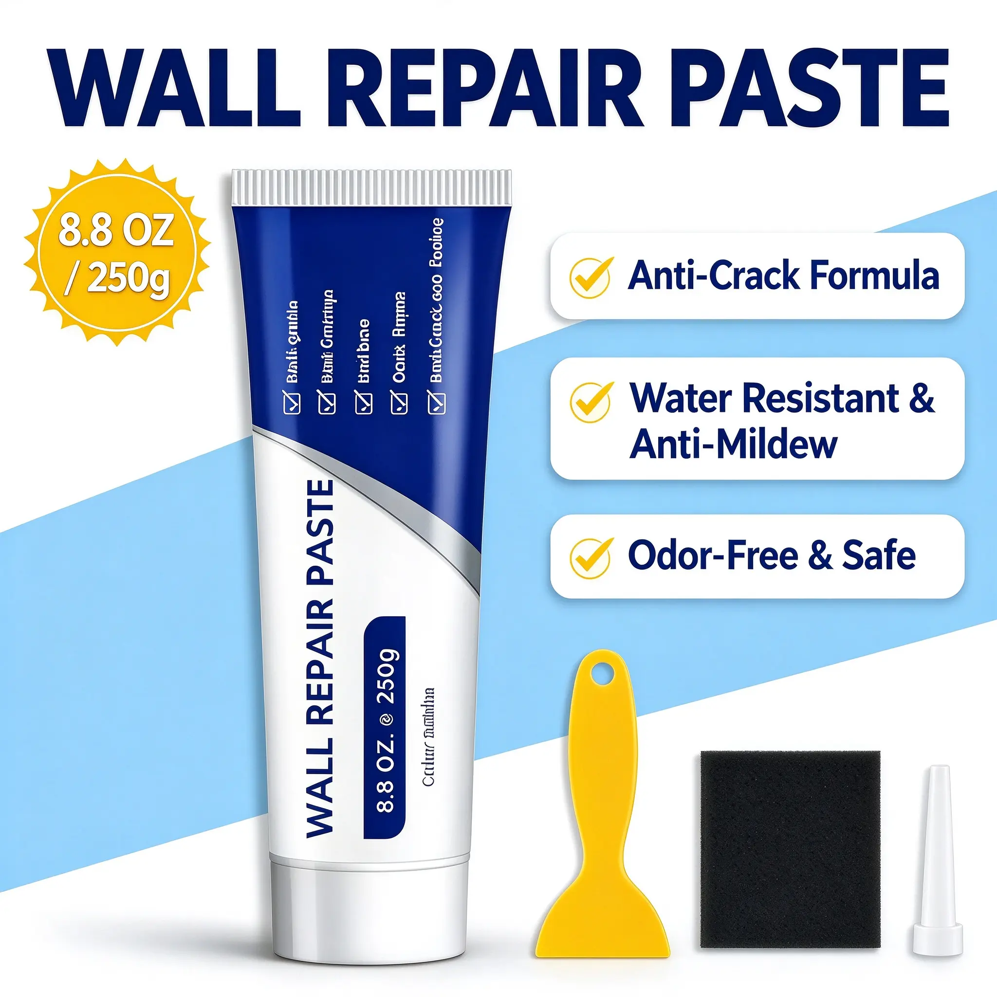 Drywall Repair Kit with Scraper, White Spackle Wall Hole Filler Paste, Plaster Crack & Dent Patch Repair, Complete Kit with Nozzle Tip & Sandpaper, Easy DIY, Fast Drying, 8.8oz, Renter Friendly