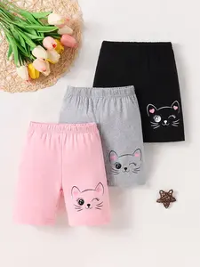 Adorable Cat Print Mid-Length Pants Set for Young Girls, Three-Piece, Cute and Stylish Clothing