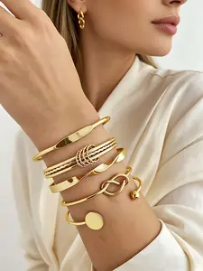 5Pcs Gold Stackable Cuff Bracelets Set For Women, Minimalist Twisted Knot Open Bangle, Dainty Gold Plated Daily Wear Wrist Jewelry Set
