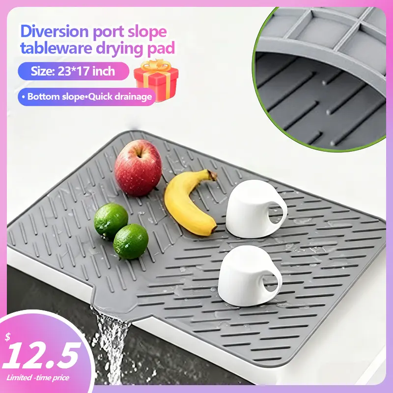 Food Grade Silicone Dish Drying Mat, 23x17 Inch Drainage Mat for Kitchen Sink BPA-Free Silicone Drying Pad, Dishwasher Safe Kitchen Mat for Dishes & Produce. Non-slip Drain