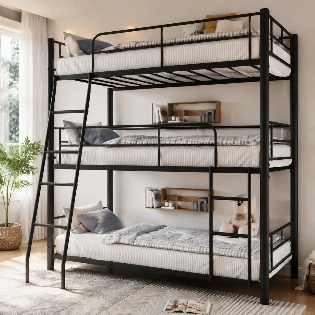 Heavy Duty Triple Bunk Bed Frame Twin Size Black Metal 3-Tier Stackable Bed for Kids Teens Dormitory Space Saving, Disassembles into 3 Single Beds, 350 lbs Capacity per Bed, No Box Spring Needed, Black Color Options, Metal Material