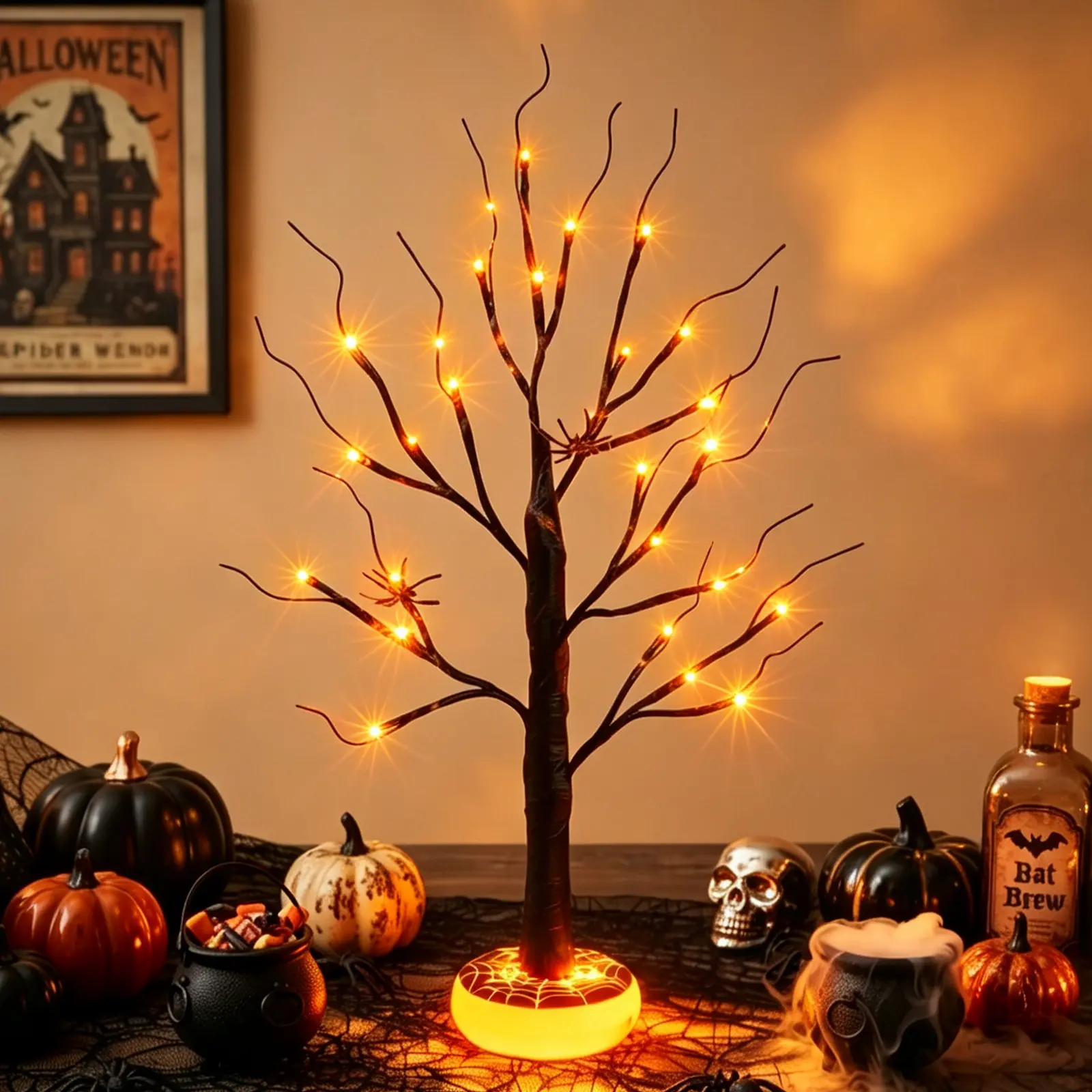 PEIDUO Halloween Tree Halloween Decorations Indoor Lighted Black Spooky Tree 2Ft | Light Up Tree with Orange & Purple 24 LED Lights with Spider & Web USB Powered Timer Table Centerpieces for Home Room Decor
