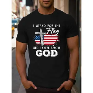 180g Pure Cotton T Shirt Men's T-Shirt American Flag And Cross Design I Stand For The Flag And I Kneel Before God Religious Patriotic Statement Streetwear Casual Wear For Everyday Summer And Spring Outfits Gift For Christian Men Patriotic Lovers And Faith