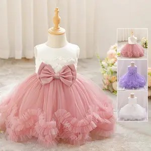 6M-3Y Dark Pink 139 Anniversary Baby Girls Clothes Infant Bow Lace Ball Gown Birthday Cocktail Dress Toddler Pageant Newborn Ball Gown Princess Baptism Frock