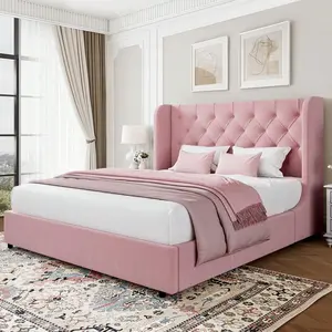 Modern Velvet-Upholstered Curved Wingback Wooden Platform Sturdy Bed Frame - Soft Curved Headboard, No Box Spring Needed, Easy Assembly, Full/Queen/King Sizes, Queen Bed Frame for Bedroom Decor, King Size Bed Frame