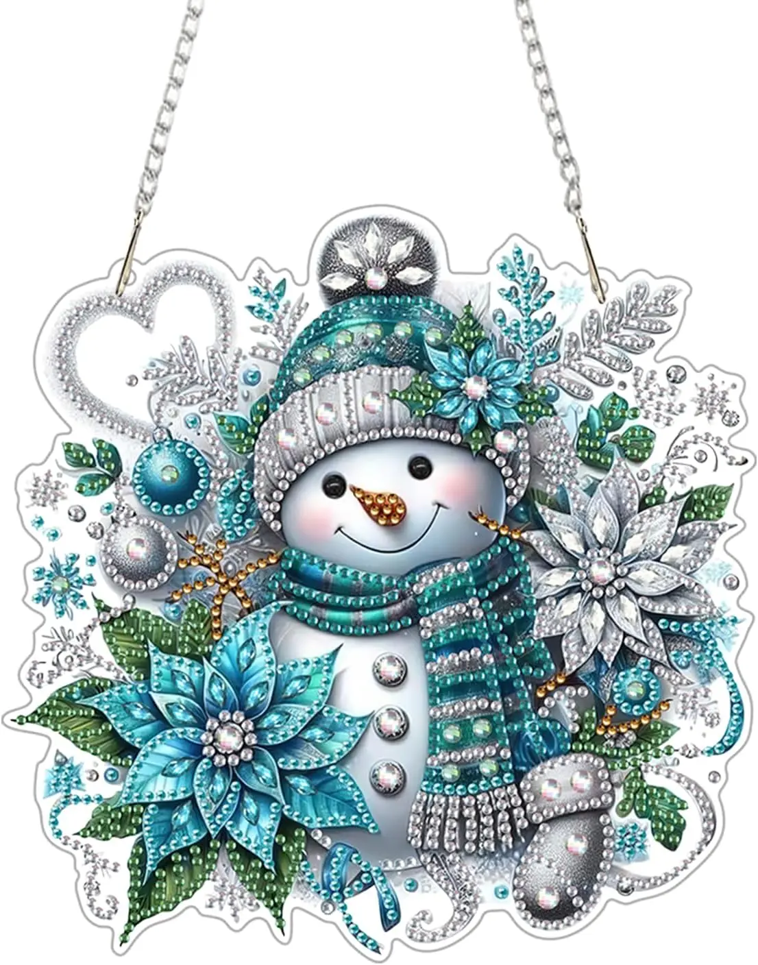 5D Diamond Painting Hanging Ornament Kit Winter Snowman With Teal Scarf Poinsettia Flower Snowflake Heart Design DIY Crystal Rhinestone Wall Door Hanging Christmas Decor Gift
