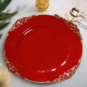 6-Pack Acrylic Round Charger Plates 13" in Red with Gold Embossed Baroque Rim, Antique Decorative Dinner Party Charger Tableware