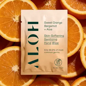 ALOH Sweet Orange Bergamot Hand Wipes — Individually Wrapped, Skin-Softening, 99.9% Germ Protection