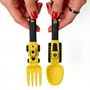 Colorful Construction Vehicle Themed Toddler Utensils, Reusable Plastic Fork and Spoon Set with Storage Case, Self Feeding Baby Led Weaning Easy Hold, Birthday Gifts for Kids