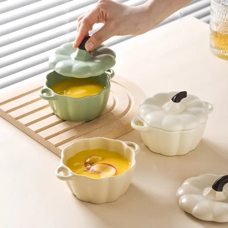Set of 4 Inch Dual-Eared Ceramic Pumpkin Bowls with Lids, Serving Bowls, Halloween Decorative Dinnerware, Microwave & Dishwasher Safe, Perfect for Desserts, Tableware