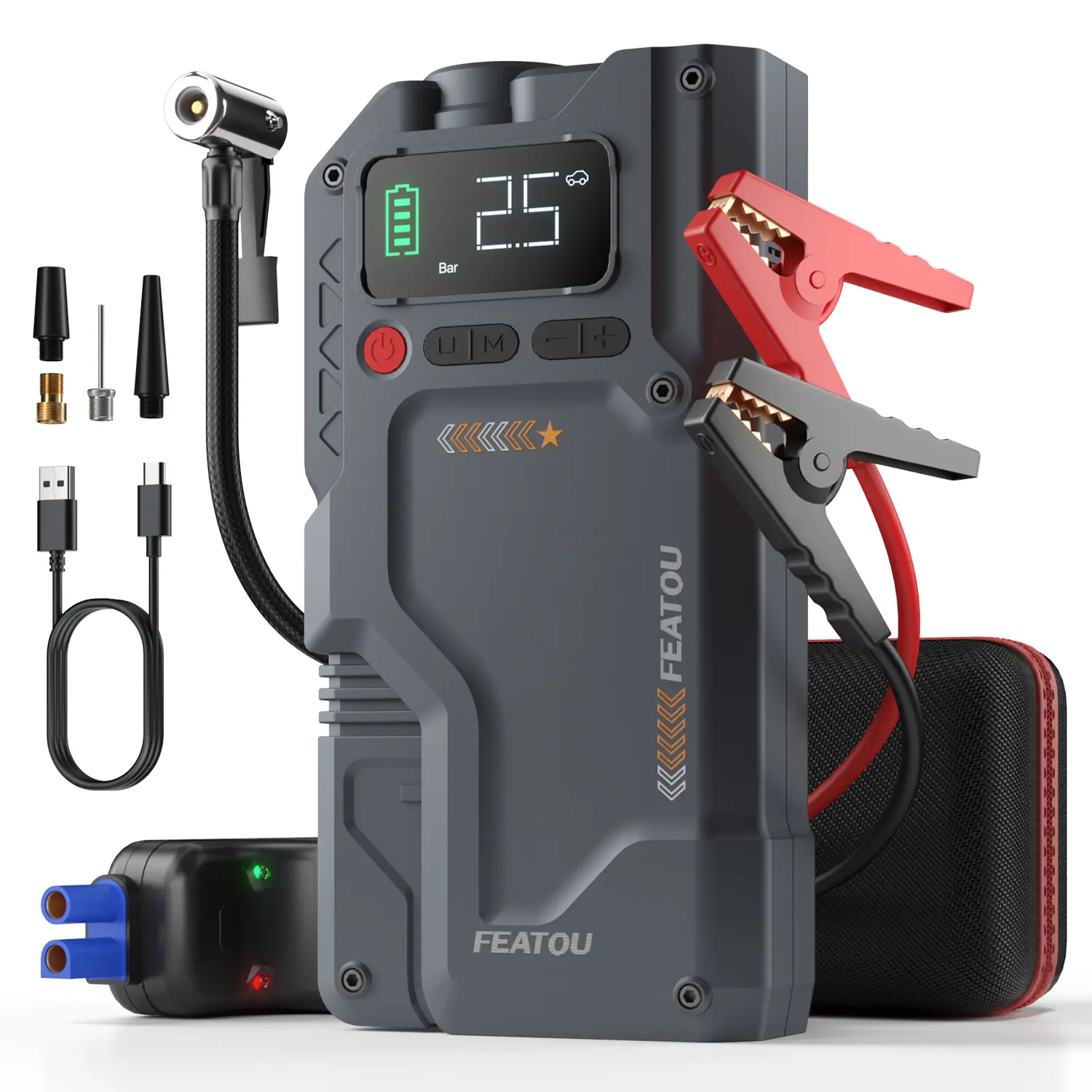 Featou Portable Car Jump Starter with Air Compressor 16800mah Battery Booster 10.0 Gas 9.0L Diesel 150PSI Digital Tire Inflator LED Smart Air Inflator for Road Trip PD65W Fast charging