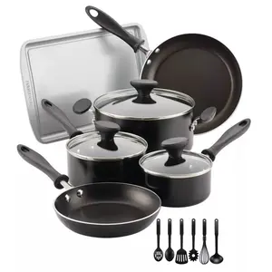 Farberware Cookstart DiamondMax Nonstick Cookware/Pots and Pans Set, Dishwasher Safe, Includes Baking Pan and Cooking Tools, 15 Piece - Black