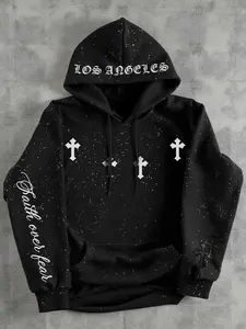 Men's Shiny Fashion Graphic Hoodie with Large Pocket and Cross Print, Casual Fitted Long Sleeve Sweatshirt for Fall & Winter