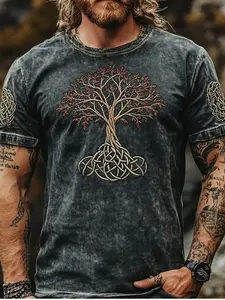 Men's fashionable ethnic style short-sleeved T-shirt, in dark gray with a vintage color tone, featuring a tree of life pattern and Celtic style decorative patterns. It is fashionable yet retro, suitable for daily wear.