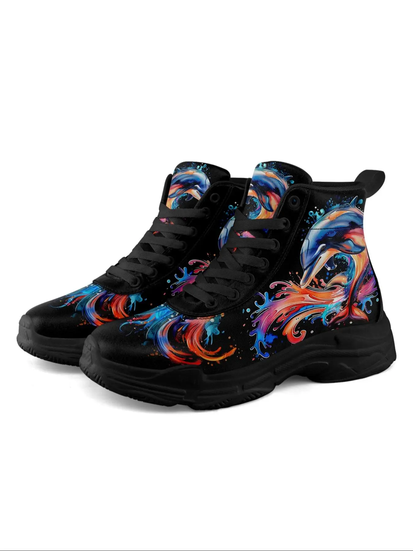 Men's Cartoon Dolphin Print High Top Lace Up Casual Sneakers, Fashionable Waterproof Lightweight Boots for Daily Wear, Casual Comfortable Sports Shoes for All Seasons