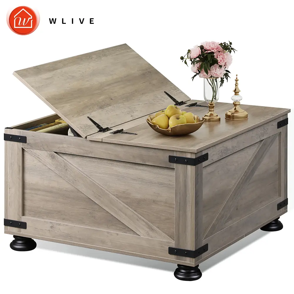 WLIVE Farmhouse Coffee Table,Square Wood Coffee Table with Storage,Center Table for Living Room,Home Office