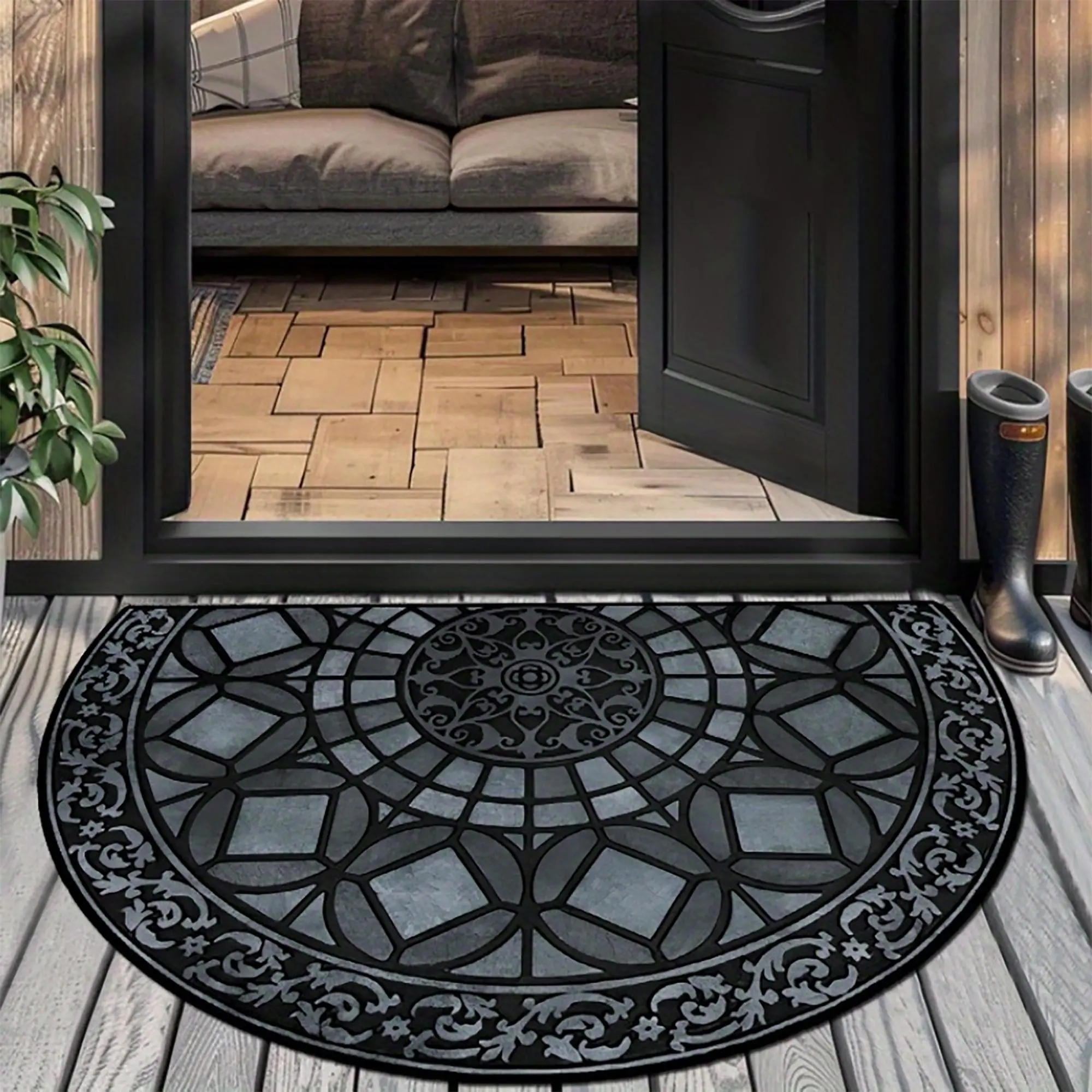 American Retro Geometric Print Half Round Welcome Mat, Soft Washable Foldable Carpet for Home Decor, Vintage Design Rug, Geometric Pattern Rug, Hotel Entrance Bathroom Hallway Bedside Outdoor Use, Home Decor Rugs, Decorative Rugs