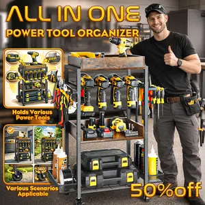 All in One Power Tool Organizer with Rolling Wheels, 4 Tier Heavy Duty Drill Holder Storage Rack with Side Hooks & Storage Trays, Rustproof Metal & Vintage Wood Design, Mobile Tool Cart for Garage Workshop Shed, Holds Drills, Toolboxes,