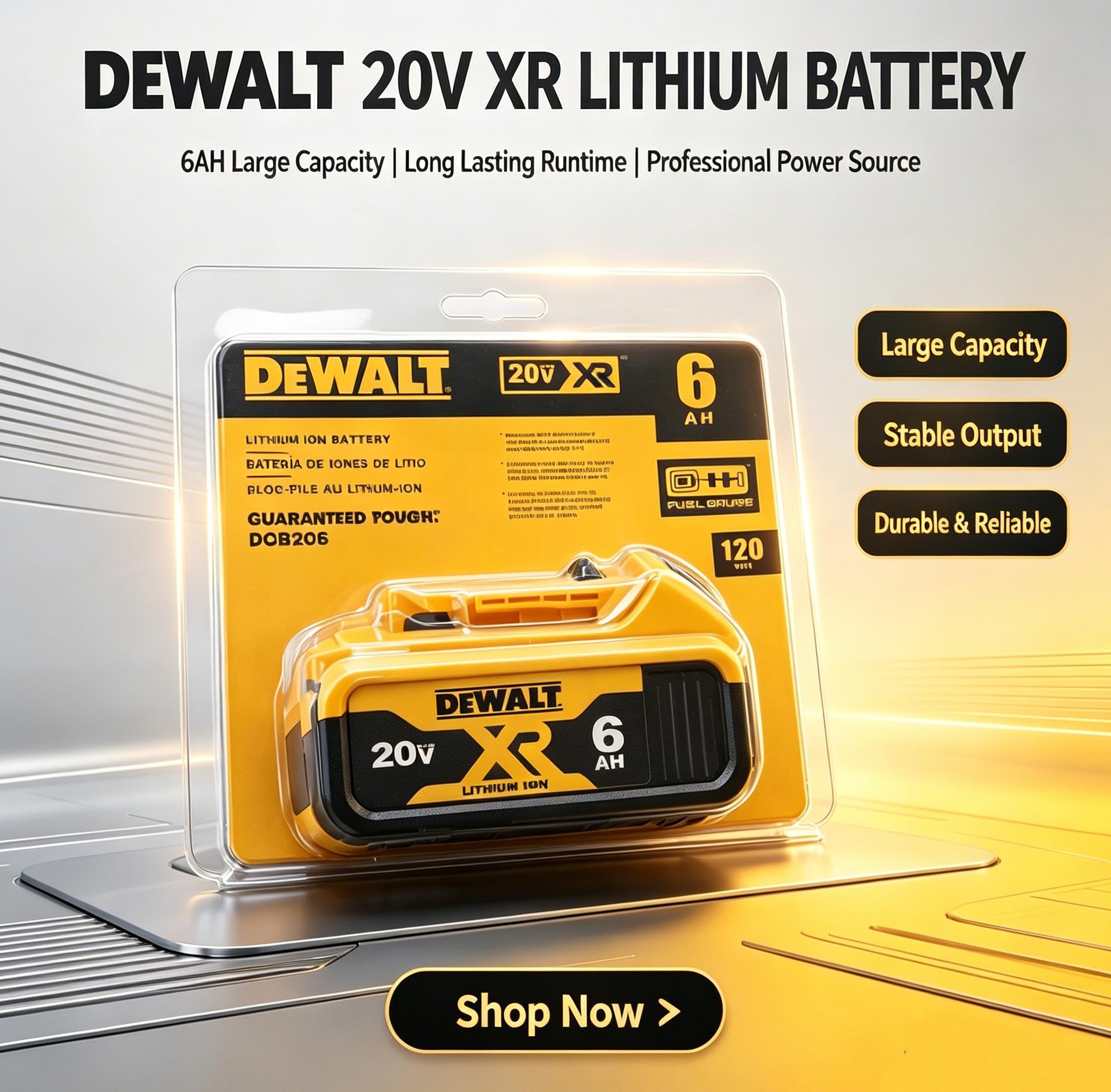 DeWalt DCB206 20V 6.0AH lithium-ion battery. Compatible with 20V power tools. Suitable for use with handheld drills, angle grinders, blowers, impact wrenches, and other DeWalt power tools. Durable, shock-resistant, and reliable.