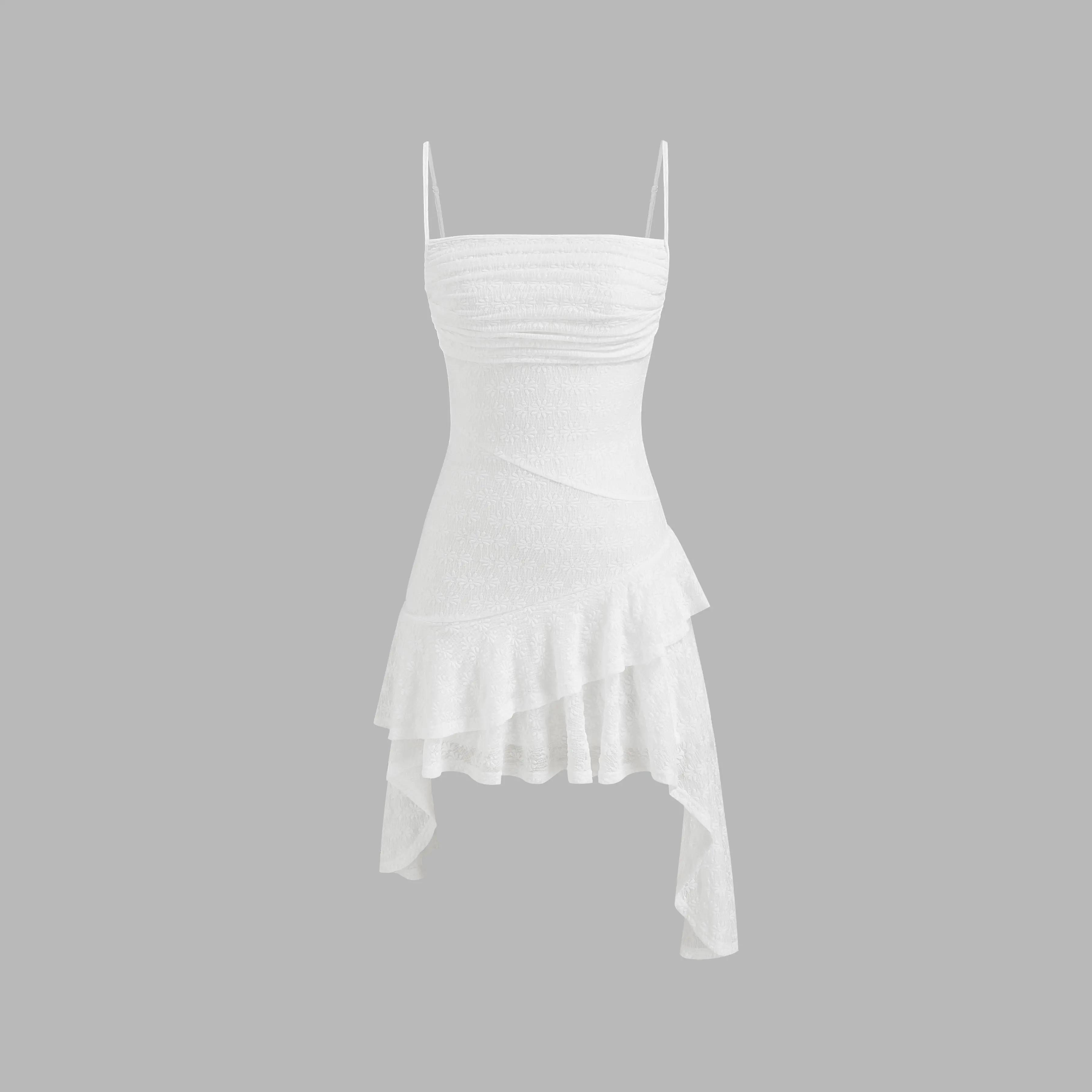 Cider Women's Casual Mesh Floral Texture Ruched Asymmetrical Ruffle Hem  Mini Dress