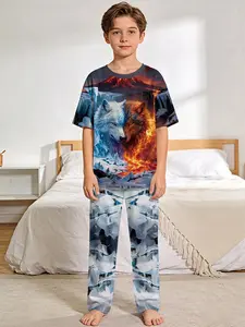 Fire and Ice Twin Wolves Volcano Illusion Dominant 2-Piece Boys' Digital Print Short-Sleeve Pajamas with Long Pants, made of flame-retardant fabric. A stylish, trendy, casual, comfortable and soft pajama set, suitable for sleeping and home leisure. 100% p