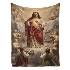 Sacred Heart of Jesus with Cherubs Flannel Blanket – Soft Cozy Plush Throw, Perfect Christian Faith Gift, Warm Snuggle Blanket for Bedroom & Prayer Space, Classic Renaissance Religious Art Design
