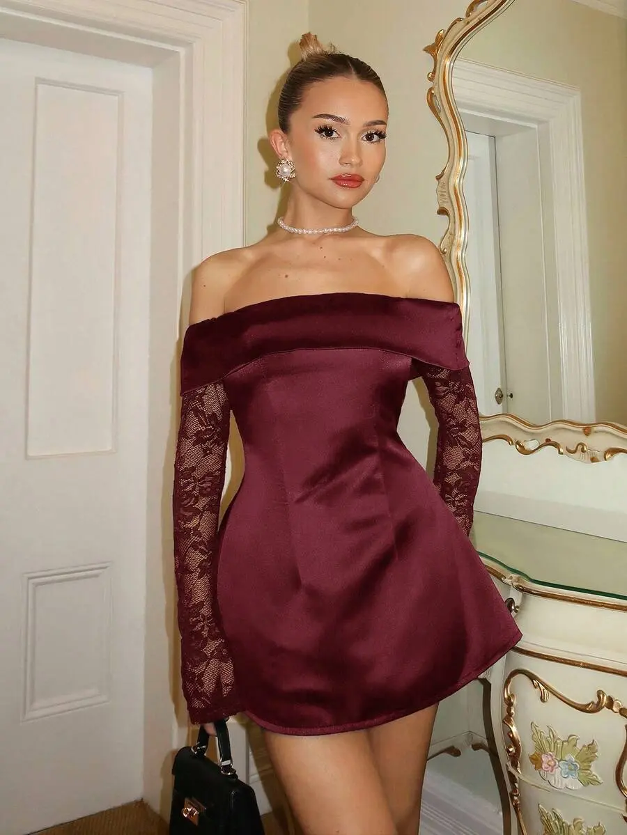 Women's Off-Shoulder Lace Splice Mini Dress, Suitable For Birthday Party,Christmas Party Dress ,New Year Dress,Thanksgiving Outfit For Women Sexy Date Dress Wine Dress
