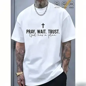 Men's Christian Streetwear T Shirt Pray Wait Trust God Has a Plan Cross Graphic Tee Short Sleeve Casual Summer Faith Religious Top