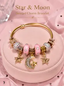Star & Moon Pink Beaded Charm Bracelet for Women - 18K Gold Plated Adjustable Cuff Bangle with Sparkly Cubic Zirconia, Celestial Fashion Jewelry