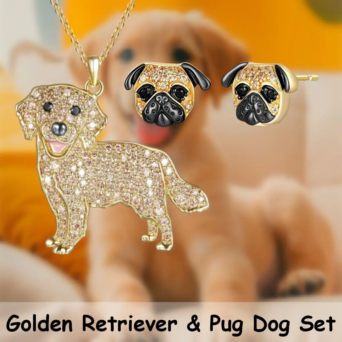 Unisex Cute Animals Jewelry Set, 3-Piece Gold-Tone Alloy Pug Stud Earrings & Golden Retriever Pendant Necklace, Daily Wear Birthday Gift