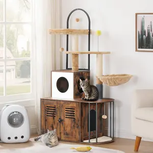 HOOBRO Cat Tree with Litter Box Enclosure, All-in-One 31.5" Cat Tower with Hidden Litter Box Cover Furniture for Indoor Cats, Versatile Cat Condo with Sisal Posts, Hammock, Rustic Brown #SummerVibes #petlovers