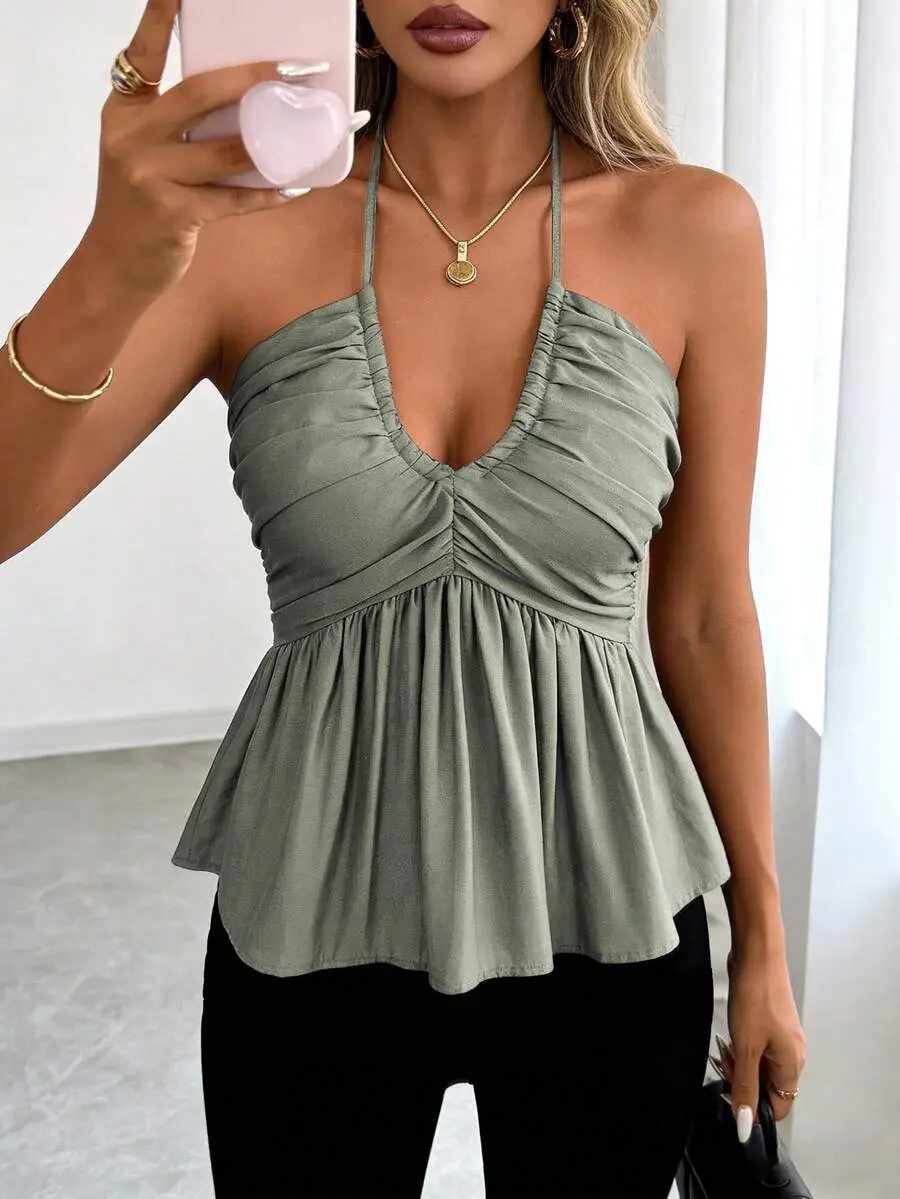 PUBLISH Women's Sage Green Summer Seksi Chic Night Out Linen Blend Spaghetti Strap Bow Tie Front Ruched Shirred A-Line Camisole Top,Vintage French Vacation