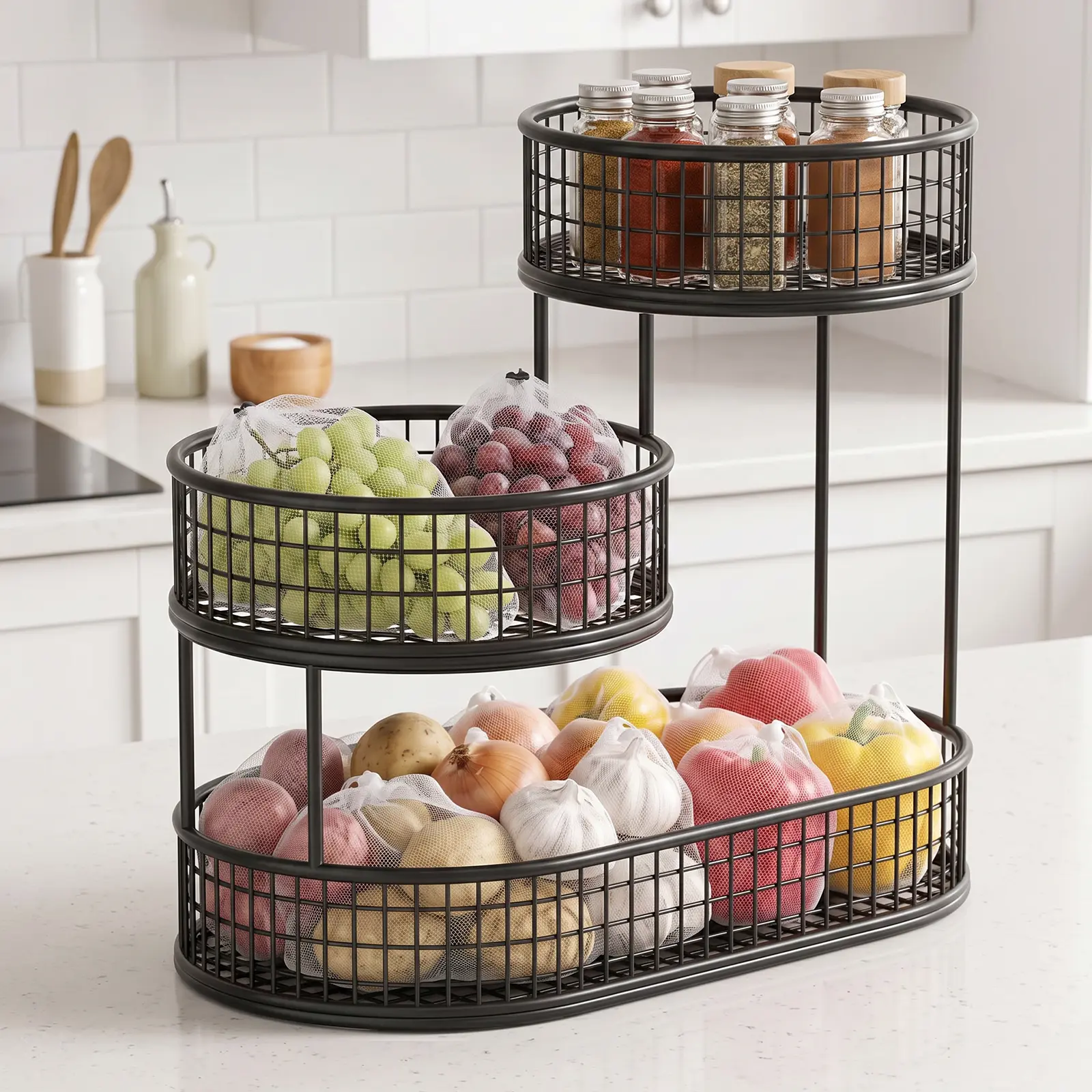 Ezify Metal Wire-Mesh Storage Basket, Sturdy Breathable Home Organizer for Potatoes, Onions, Fruits, Countertop & Pantry Use sohochic