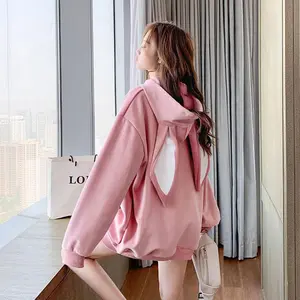 Rabbit ears sweater women's autumn and winter plus velvet padded hooded large size