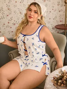 MONASWEET French Countryside Romantic Floral Pattern Bow Decor Plus Size Women Pajama Set Plus Size Pajama Short Set Plus Size Sleepwear Plus Size Lounge Set Plus Size Underwear Sets Plus Size Nightwear Sexy Sleepwear Plus Size Lingerie Short Set Li