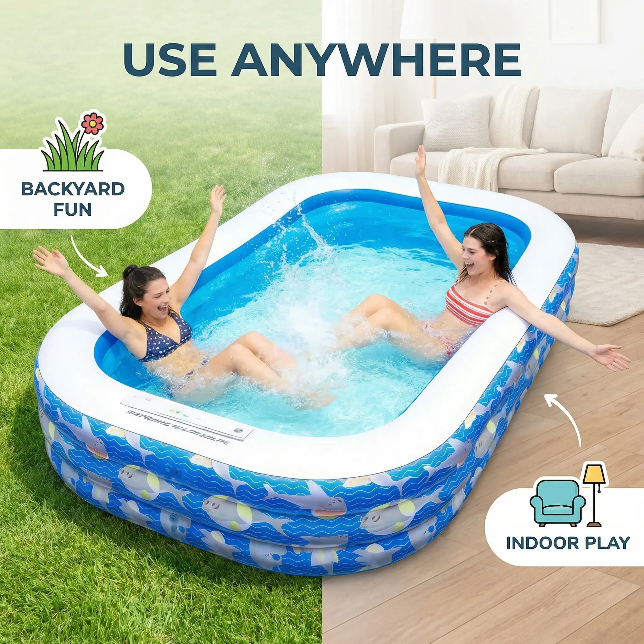 Inflatable Swimming Pool for Family, 90" x 55" x 22" Full-Sized Blow Up Pool by Sumimervibes - Thickened Durable Above Ground Pool for Kids Adults, Indoor Outdoor Backyard Lawn Summer Party