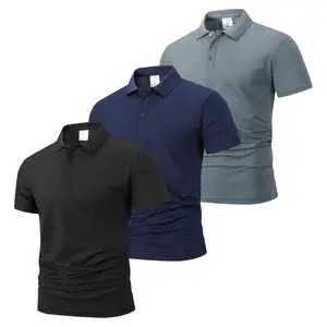 Men’s 3-Pack Plain Short-Sleeve Polo Shirts Set - Classic Collared Casual Menswear Tops, Breathable Polyester Fabric, Black/Navy Blue/Dark Gray, Suitable for Business & Everyday Wear,summervibes