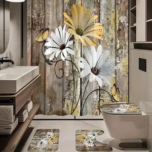 4pcs luxurious golden flowers, exquisite shower curtain set, non-slip floor mat, U-shaped carpet, toilet cover, perfect for bathroom decoration, partition, beautify the space, 12 shower curtain hooks are given