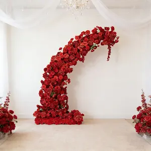 Artificial Silk Floral Backdrop for 6.5ft Half Crescent Wedding Arch – Foam-Backed Flower Arch in Red with Roses, Hydrangeas & Chrysanthemums