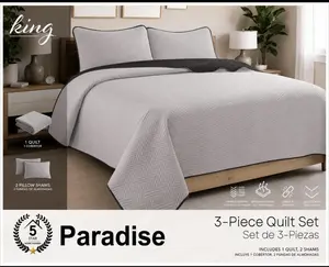 Paradise 3-Piece Reversible Quilted Bedspread Set – Light Gray & Charcoal Gray Quilt with 2 Matching Pillow Shams