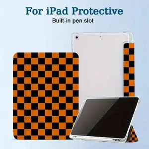 Orange-Black Checkered Ultra-Thin iPad Case with Built-in Pen Slot & Auto Sleep/Wake | Lightweight Durable Adjustable Stand Cover for iPad 10th/11th Gen, A16, Pro, Air & Galaxy Tab S9 FE+ | Unisex Back-to-School & Holiday Gift