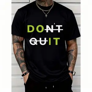 2025 Men'S Casual Cotton T-Shirt With Bold DON'T QUIT Motivational Graphic - White Tee, Green & Black Text, Regular Fit Short Sleeve, Machine Washable For Casual Attire & Summer Outdoor Apparel, Cotton T Shirts, Soft Fabric Shirt Streetwear Crewneck