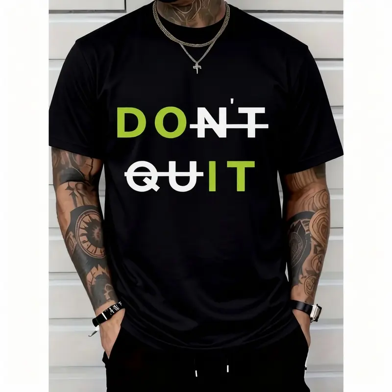 2025 Men'S Casual Cotton T-Shirt With Bold DON'T QUIT Motivational Graphic - White Tee, Green & Black Text, Regular Fit Short Sleeve, Machine Washable For Casual Attire & Summer Outdoor Apparel, Cotton T Shirts, Soft Fabric Shirt Streetwear Crewneck