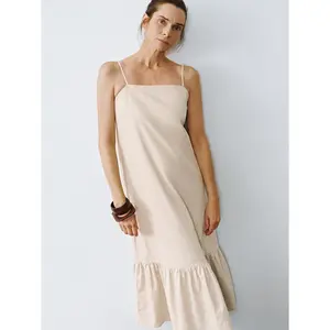 URBAN REVIVO 2026 Spring New Arrival Women's Casual Spaghetti Strap Cami Neck Sleeveless A-Line Maxi Slip Dress, Minimalist Ruffled Hem, Cotton-Linen Fabric UWH740117