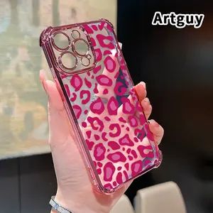 Four Corner Anti-Fall Pink Leopard Print Pattern Phone Case for iPhone 16 Pro Max 15 Plus 14 13 12 11 E Shockproof Transparent Electroplated Protective Cover