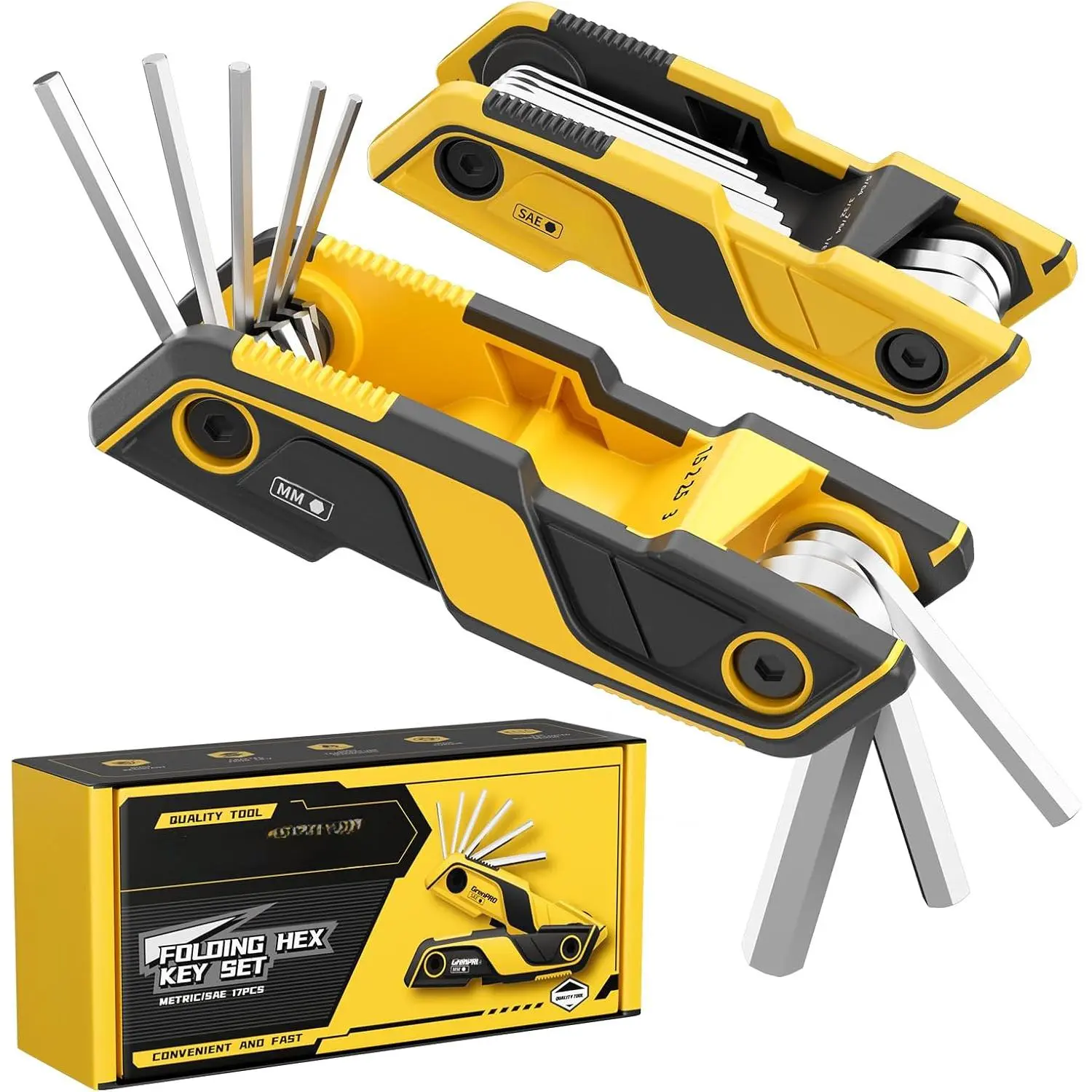 Folding Allen Wrenches Sets, 17PCS Allen Key Set, Hex Key Allan Wrench Sets, Bike Tool Kit, Metric & SAE Alan Allen Keys Tools Organizer, 2 Pack Portable Stubby Small Standard Allen Wrench Set