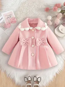 Girls' Faux Fur Collar Bowknot Coat, Sweet Princess Style, Warm Winter Outerwear for Ages 4-7, Daily Wear & Outdoor Use